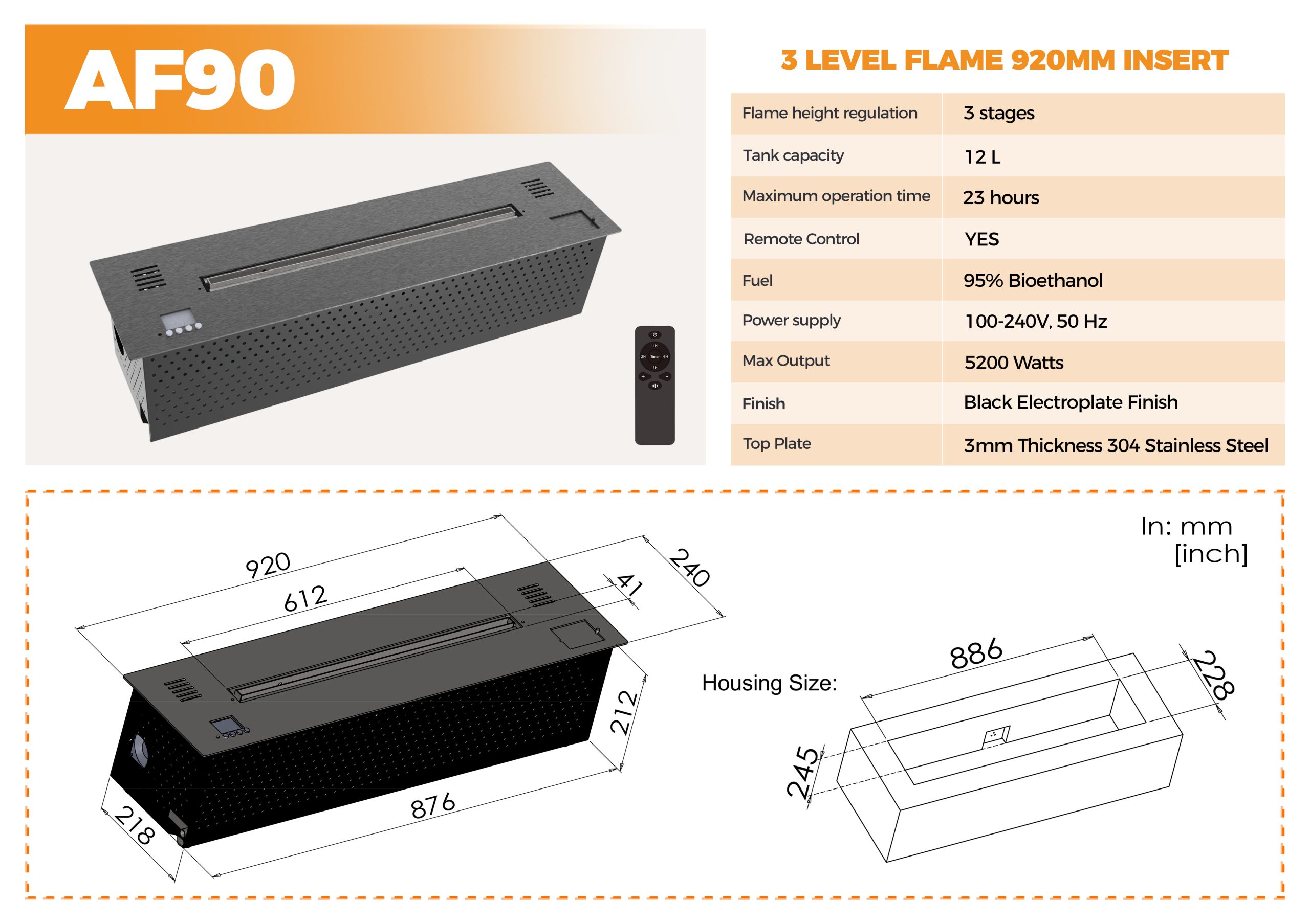 3 Stage Flame Adjustable Ethanol Fireplace AF90 With Remote-Art-fire