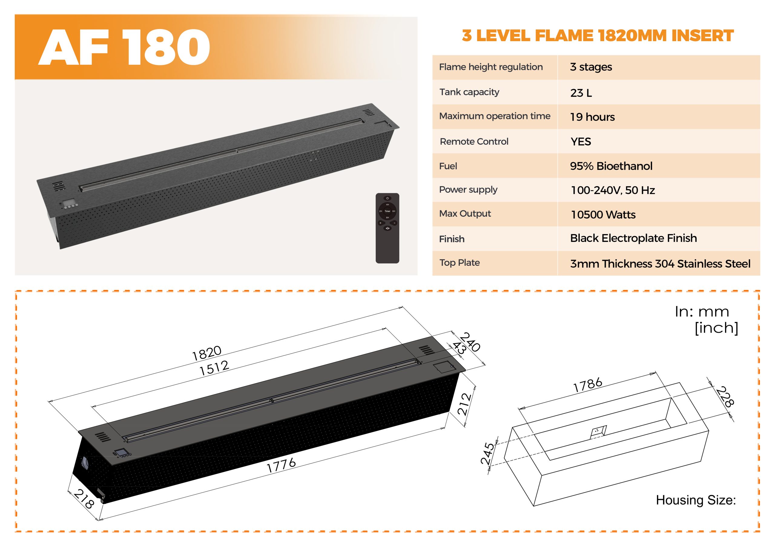 Remote Controlled Flame Ethanol Burner AF180-Art-fire